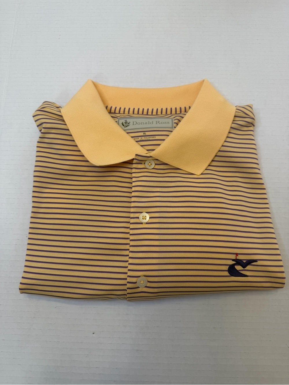 Donald Ross Mens XL Polo Shirt Yellow Purple Stripe - Caves Valley Logo On Chest